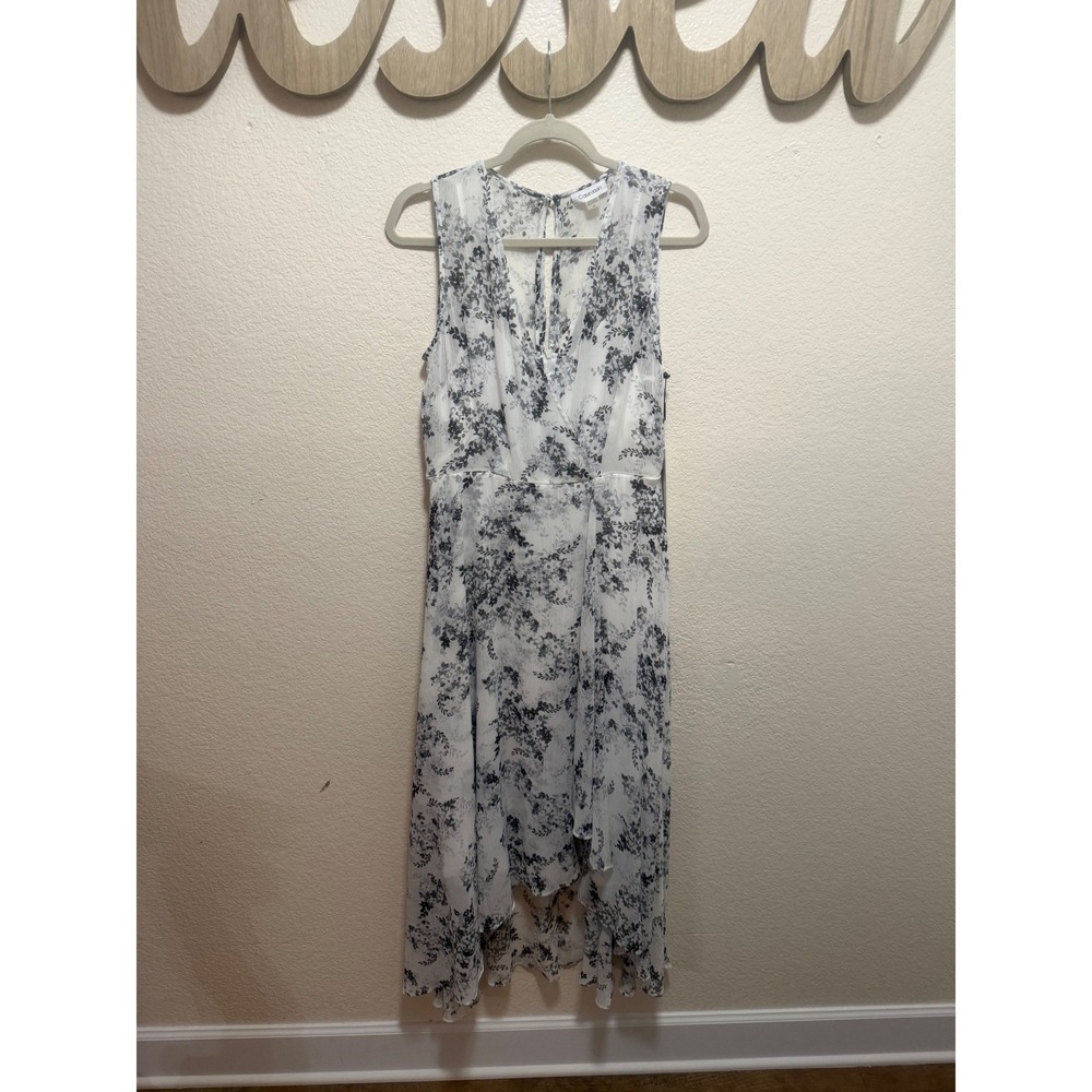 Calvin Klein Womens White Floral Chiffon High‎ Low Midi Dress Size 8 Sleeveless